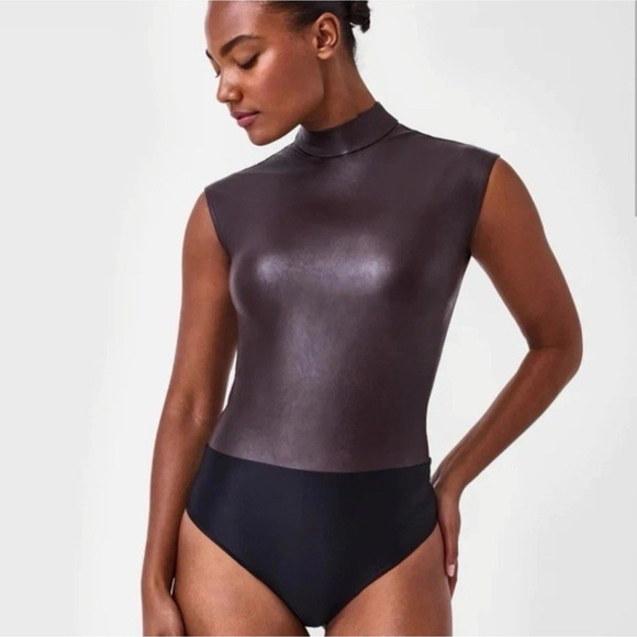 SPANX Tops - NEW Spanx | Faux Leather Bodysuit, size L Mock Neck Chocolate Brown